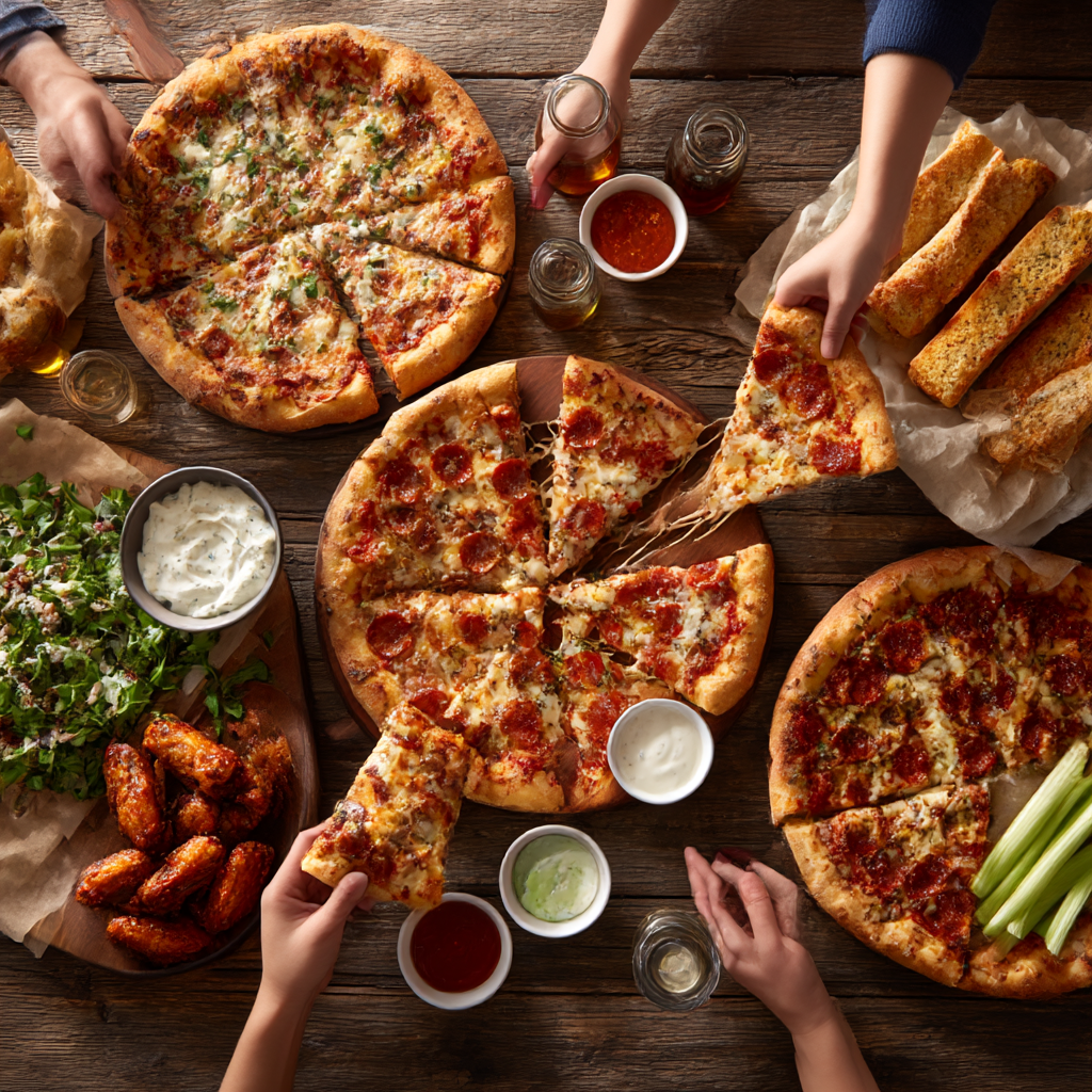 Group of people sharing fresh pizza, breadsticks, and wings at home